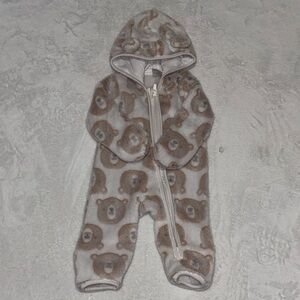 Cozy Bear Hooded Footie - Cream & Brown Plush One-Piece